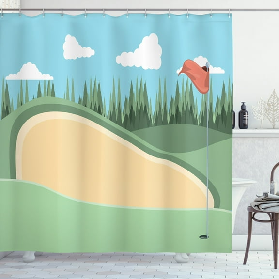 Golf Course Scene Shower Curtain, Cartoon Interpretation of Sandy Hills and Grassy Field Hole Flag, Fabric Bathroom Set with Hooks, 69W X 84L Inches Extra Long, Multicolor, by Ambesonne