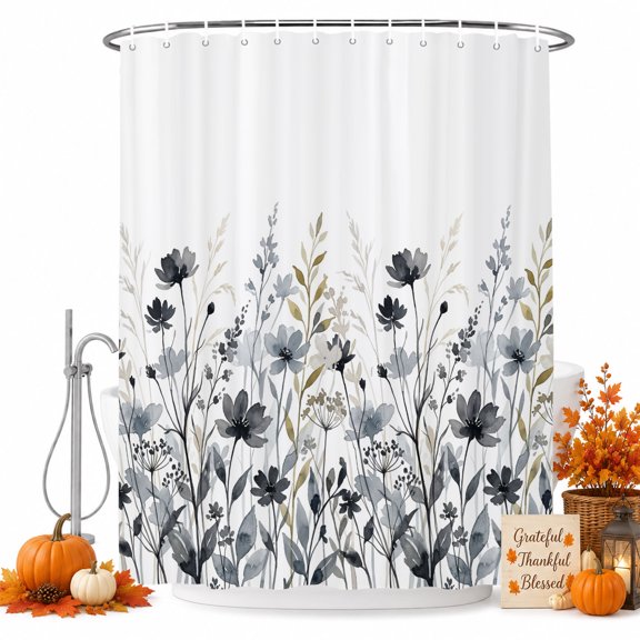 Grey Eucalyptus Leaves Shower Curtain, Waterproof Shower Curtains for Bathroom, Farm Wildflowers Country Plants Washable Fabric Bathtub Curtain Set Bath Decor with 12 Hooks Extra Long 72"x96"