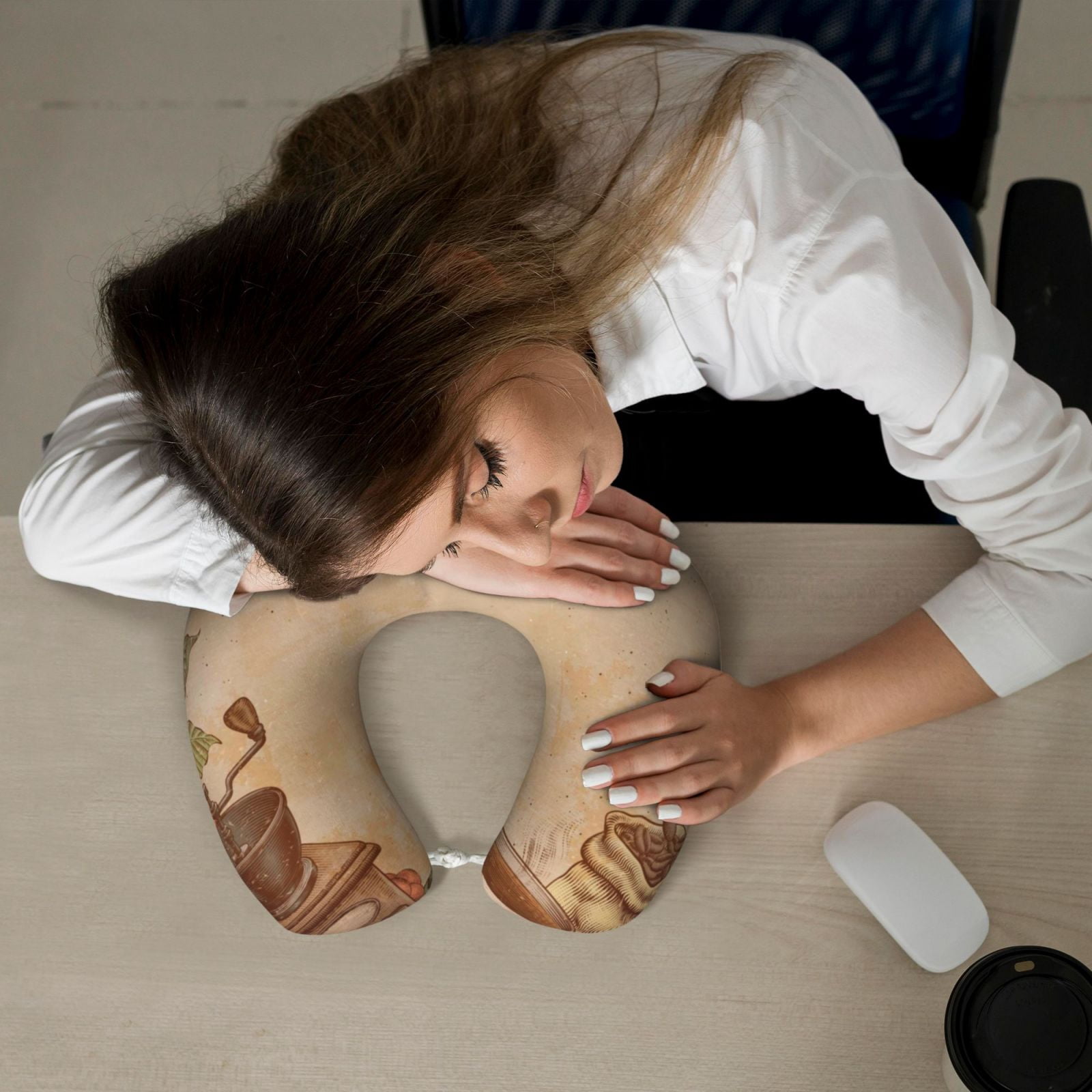 Xecao Engraved Coffee On Kraft Paper Print Memory Foam Cervical Neck Pillow Versatile U-Shaped Pillows for Home,Office,Camping,Travelling,Soft Washable Cover