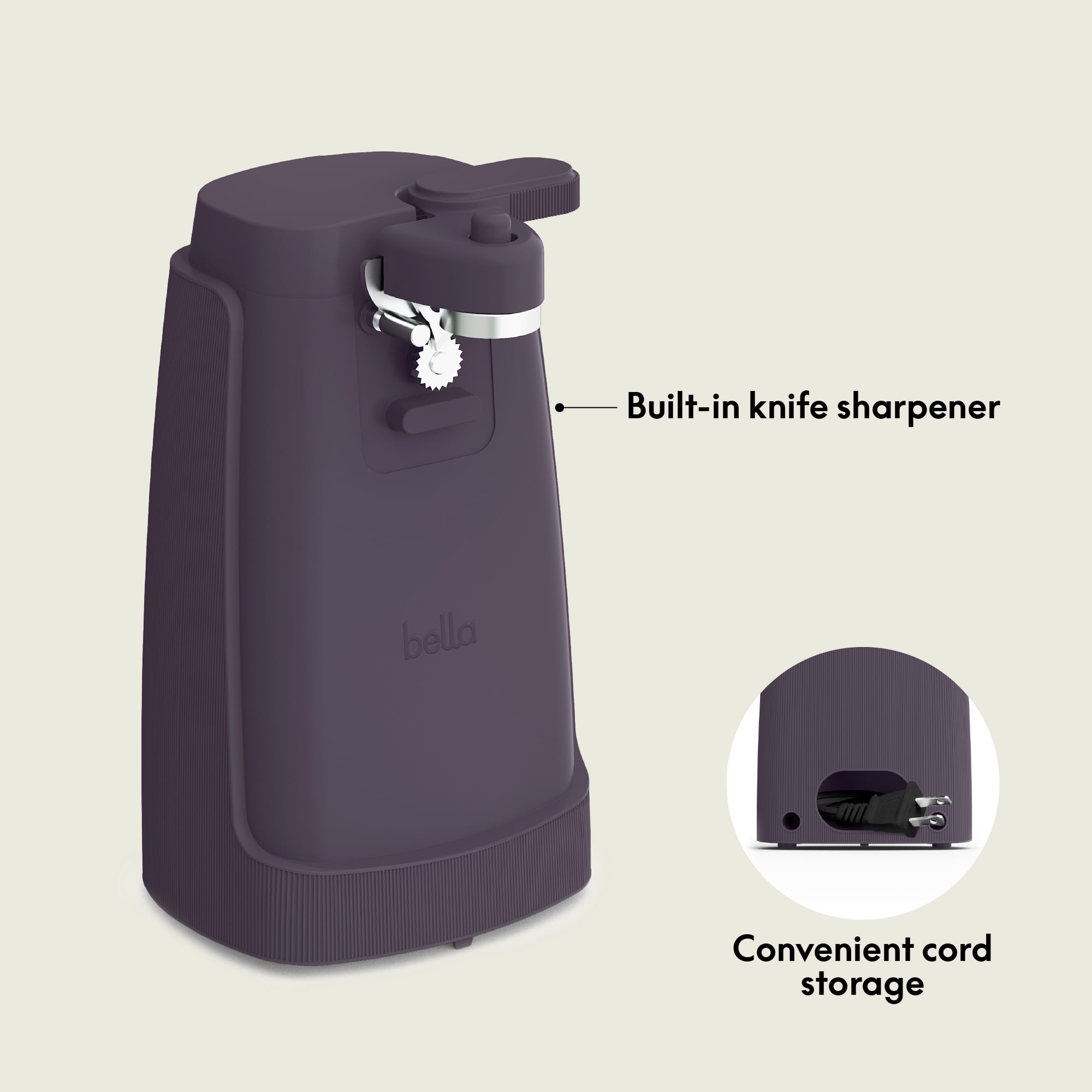 bella Electric Can Opener with Stainless Steel Cutting Blade and Cord Storage, Plum
