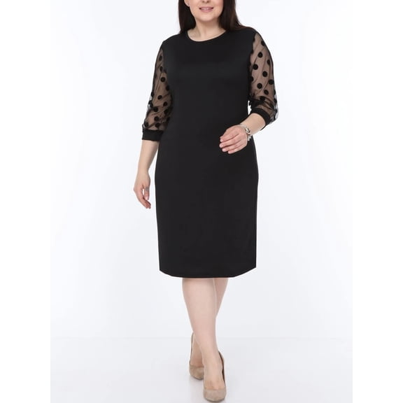 Plus Size Black Polka Dot Mesh Midi Dress, Round Neck 3/4 Sleeve Bodycon Casual to Semi-Formal Dress
