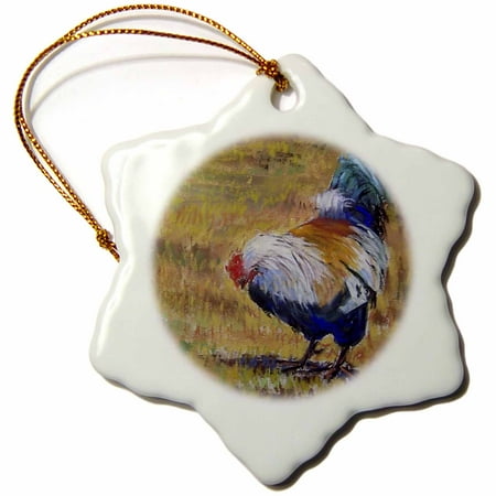 White Feathered Owl Ornaments 3dRose Beautiful Turquoise, White, Blue and Black feathered barnyard rooster. - Snowflake Ornament, 3-inch ()