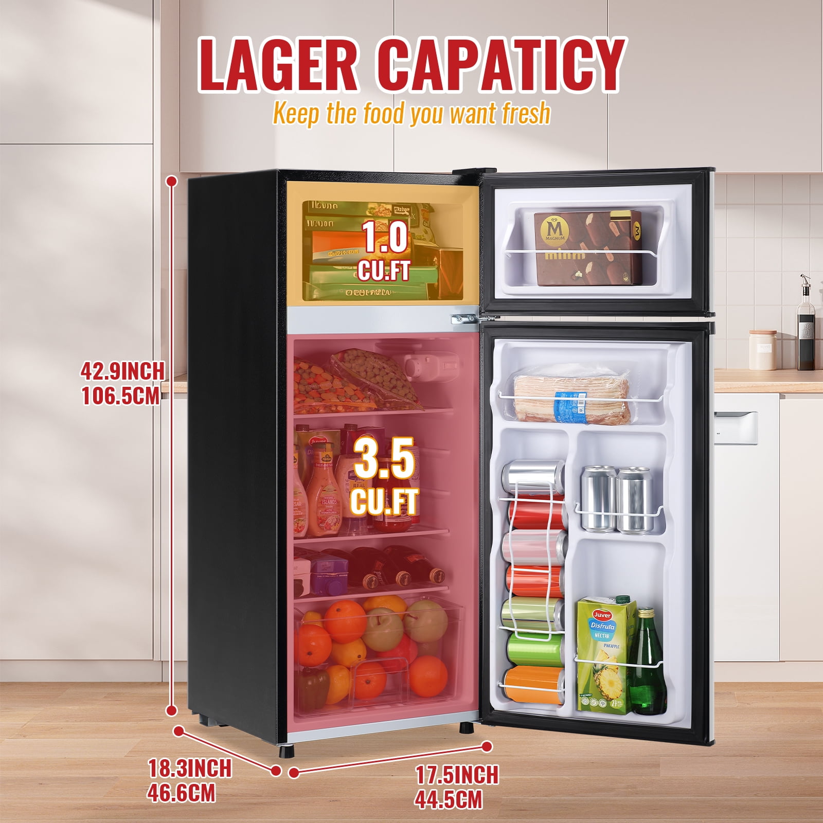 JIEJIA Double Door Small Refrigerator, 4.5 Cubic Feet Mini Fridge with 7-Level Adjustable Thermostat for Office, Dorm, Bedroom, Home and Apartment, Silver