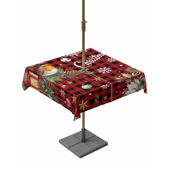 Outdoor Tablecloth with Umbrella Hole and Zipper, Merry Christmas Plaid Square Table Cloth 60x60 Inch Waterproof Tablecloth, Checkered Xmas Tree Snowflake Poinsettia Picnic Table Cover for Patio