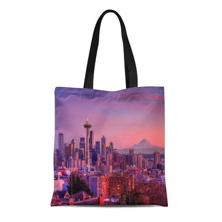 KDAGR Canvas Tote Bag Cloud Sunset Behind Seattle Skyline From Kerry Cityscape Communications Reusable Handbag Shoulder Grocery Shopping