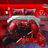 Feelyou Cartoon Game Console Full Size Comforter Sets for Kids, Gamepad Gaming Bedding Comforter Set, Chic Check Honeycomb Red Reversible Bedding Sets, Super Cozy Room Decor, 3-Piece