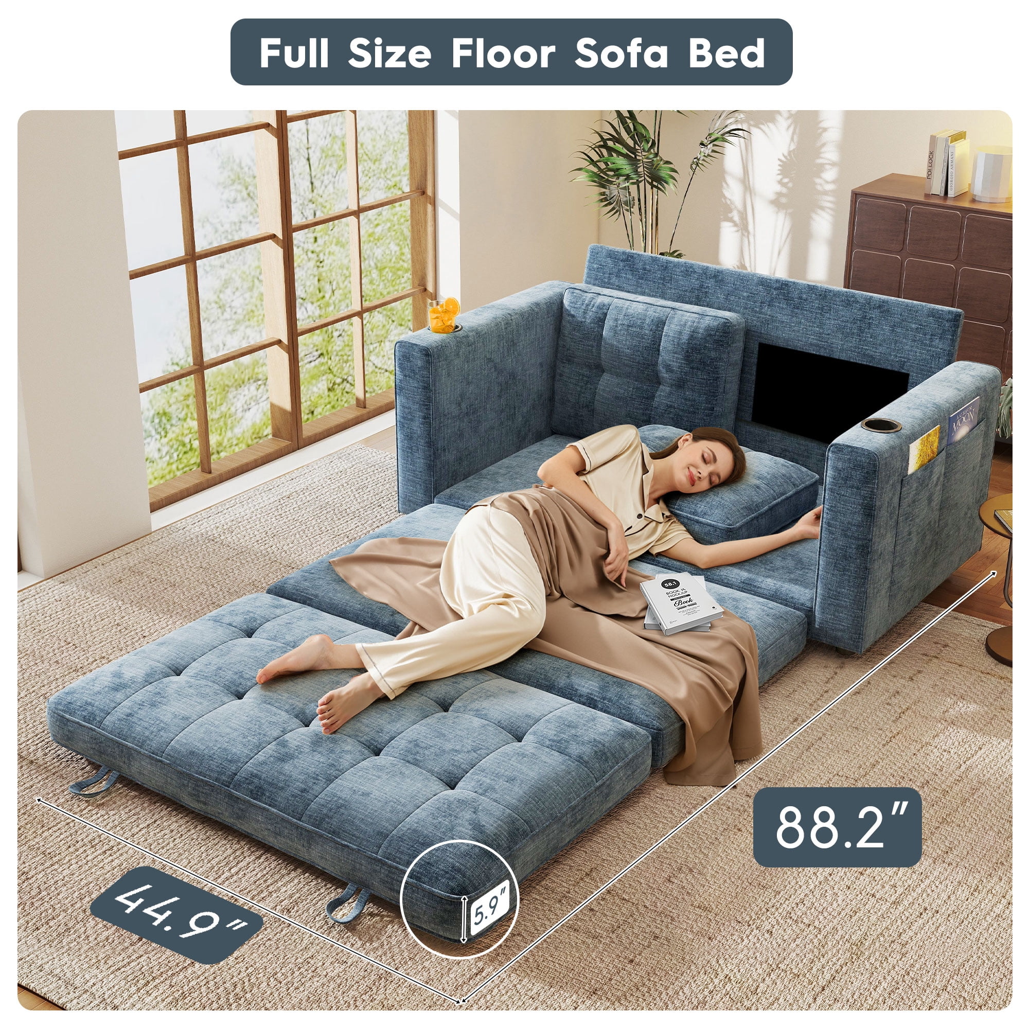 BedLuxury 55" Foldable Loveseat Futon Sofa Bed with Cup Holder & Storage Pocket, Sleeper Couch, Space Saving, Chenille Blue
