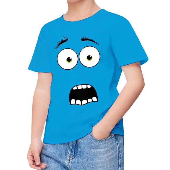 Tisuna Blue Cartoon Print Tshirts For Teen Kids Boys Girls Short Sleeve Crew Neck Pullover T Shirt Fashion Cute Youth Child Loose Fit Summer Tops Size 2-3 Years
