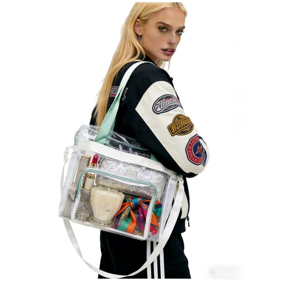 Asunby Clear Bag for Stadium Events Approved,  Large Transparent Tote Bag with Zipper for Gym Concert Sports Festivals for Women(12''x6''x12'')