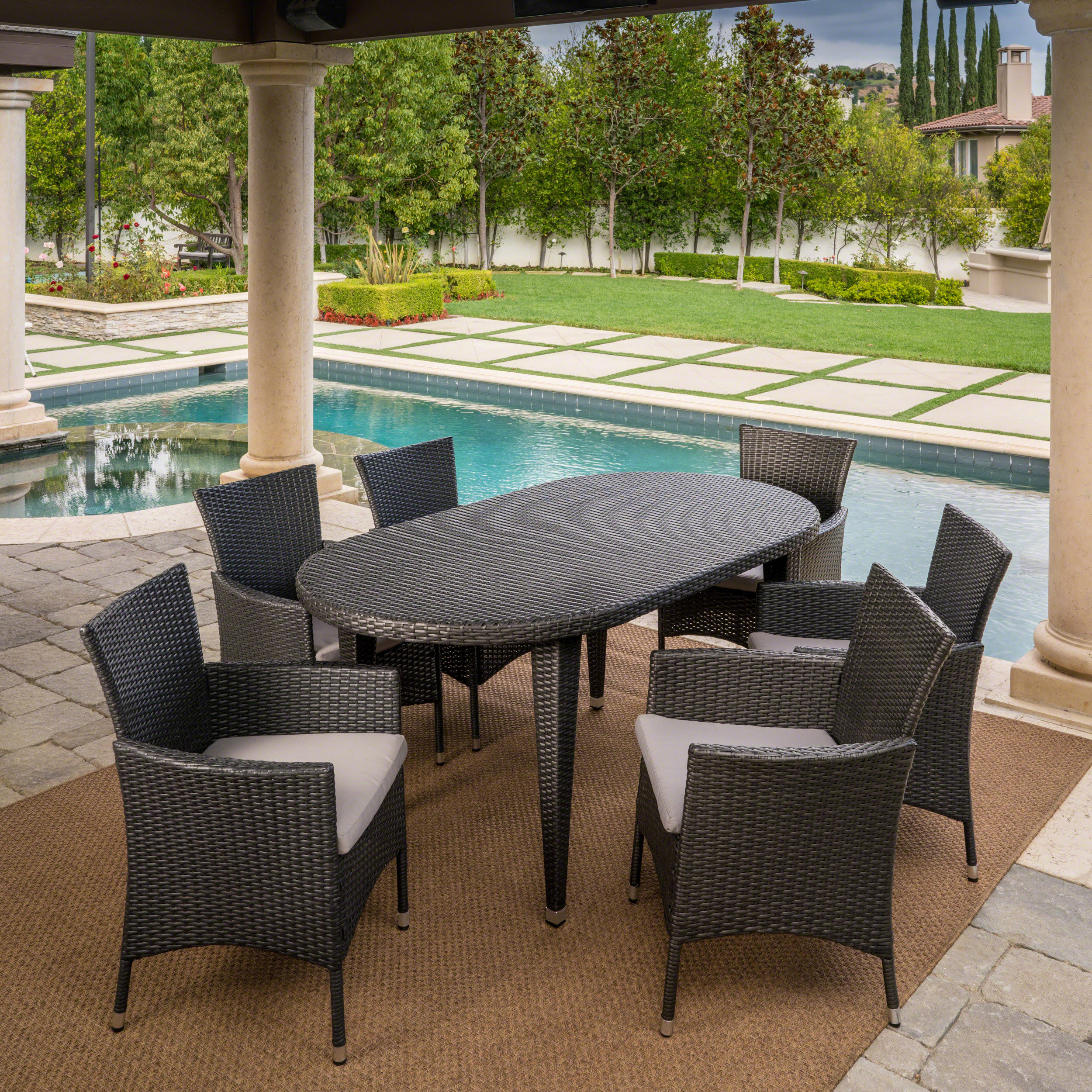 Victor Outdoor 7 Piece Wicker Oval Dining Set with Cushions, Grey, Silver