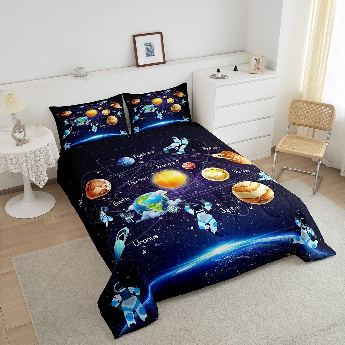Outer Space Twin Bedding Set Planet Comforter Set, Solar System Bedding Comforter Sets Teens Blue Galaxy Starry Sky Astronaut Print Duvet Insert Universe Themed Quilt 2 Pcs