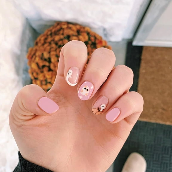 Medium Square Halloween Press on Nails Cute Skull Ghost Pumpkin Fake Nails Glossy Day of the Dead Acrylic Glue on Nails Reusable Full Cover Stick on Nails for Women DIY Manicure Multicolor Halloween