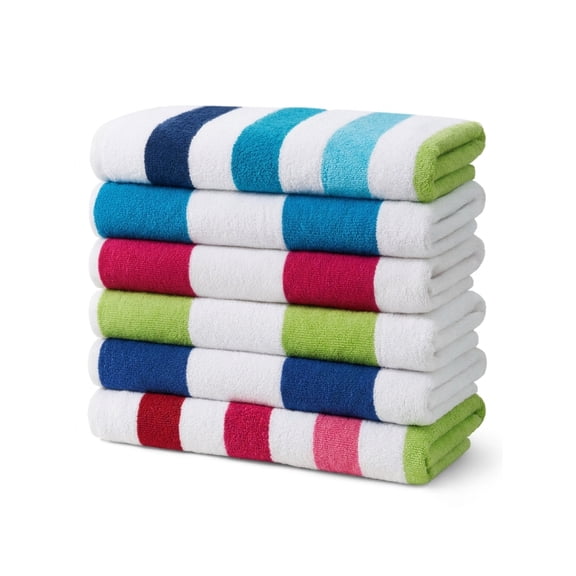 Cabana Stripe Beach & Pool Towel, 30" x 60" Large Cotton Terry Beach Towel, Soft Absorbent Quick Drying Towel for Beach, Pool, Swimming, Lounging, Assorted Colors (6 Pack)