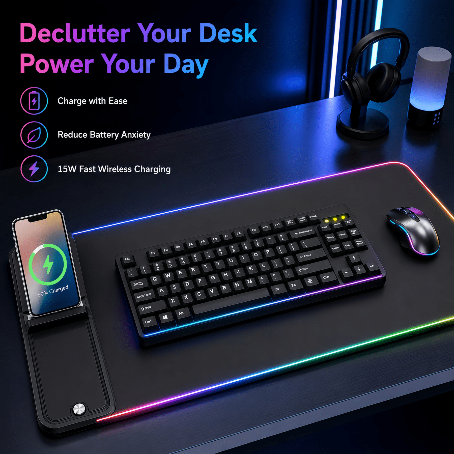 RGB Gaming Mouse Pad with Wireless Charging 15W,Large Laptop Led Mouse Pad,6 Light Modes Keyboard Pad with Phone Holder & Non-Slip Rubber Base,Waterproof Mousepad for Gaming Home Office