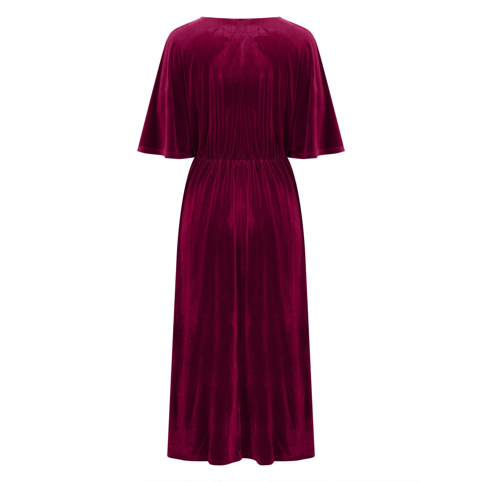 Women's Velvet Dresses Round Neck Bell Sleeve T-Shirt Dress High Split Elastic Waist Solid Dressy Dress Cocktail Party Wedding Midi Dress Wine,XL