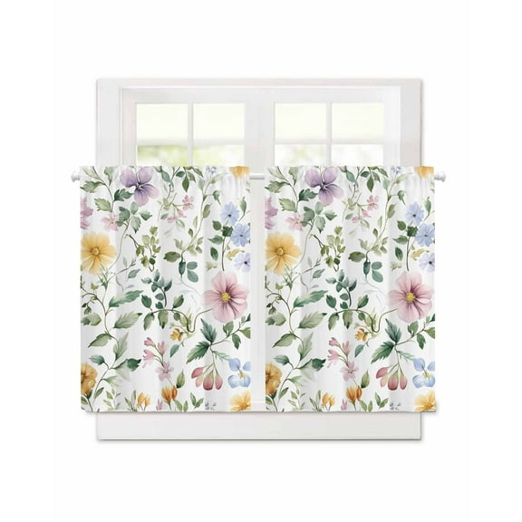 Watercolor Flower Short Blackout Curtains 36 Inch Long Spring Herb Leaf Plant Rod Pocket Kitchen Curtains, 2 Panels Thermal Insulated Room Darkening Drapes for Bedroom, 30"W x 36"L