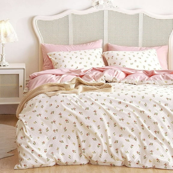 Pink Floral Duvet Cover White Flower Rose Botanical Pattern Vintage Reversible Microfiber Comforter Cover Set,Queen Size