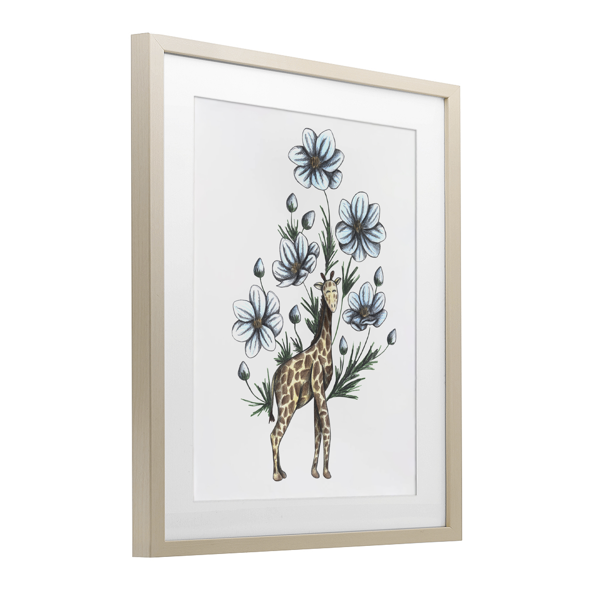Giraffe with Flower Blossoms Birch Framed Print Under Glass, design by Cecilia Battaini