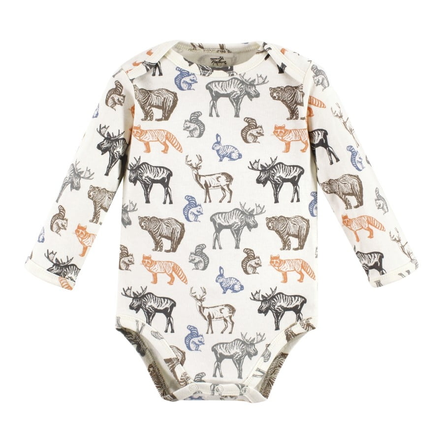 Touched by Nature Infant Boy Organic Cotton Long-Sleeve Bodysuits, Boy Woodland, 9-12 Months