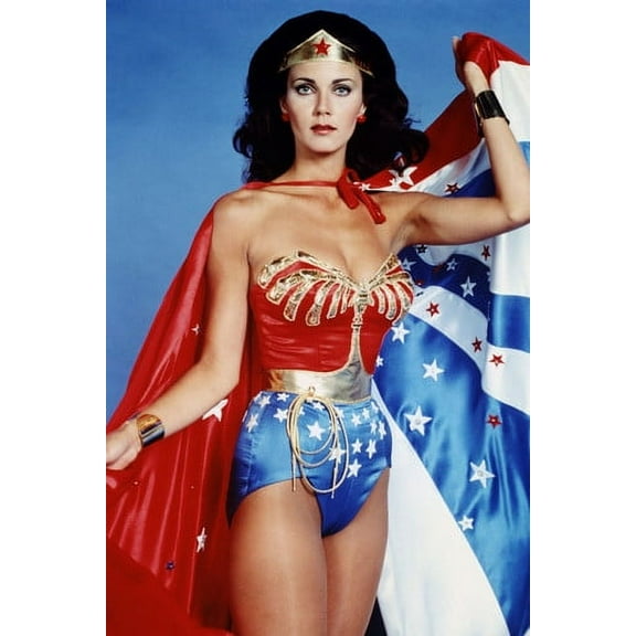 Lynda Carter 24X36 Poster iconic as Wonder Woman draped in American flag