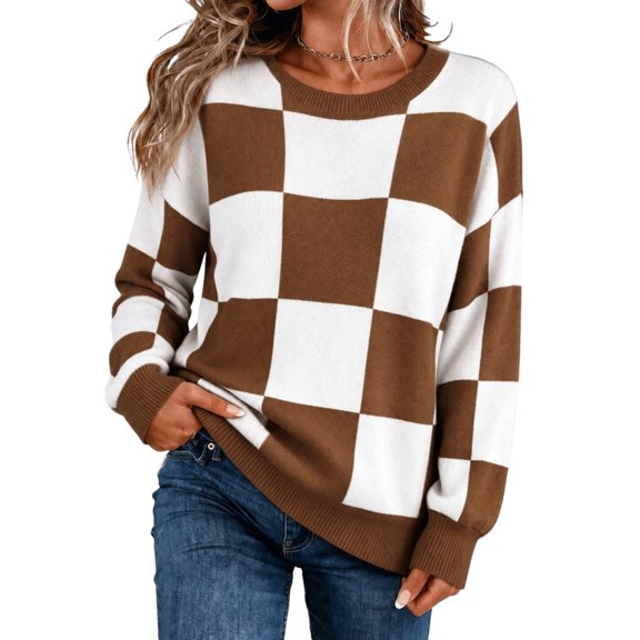 DOKOTOO Womens Sweaters Plaid Crew Neck Long Sleeve Knit Pullover Casual Loose Fit Soft Sweater for Fall Winter S-2XL