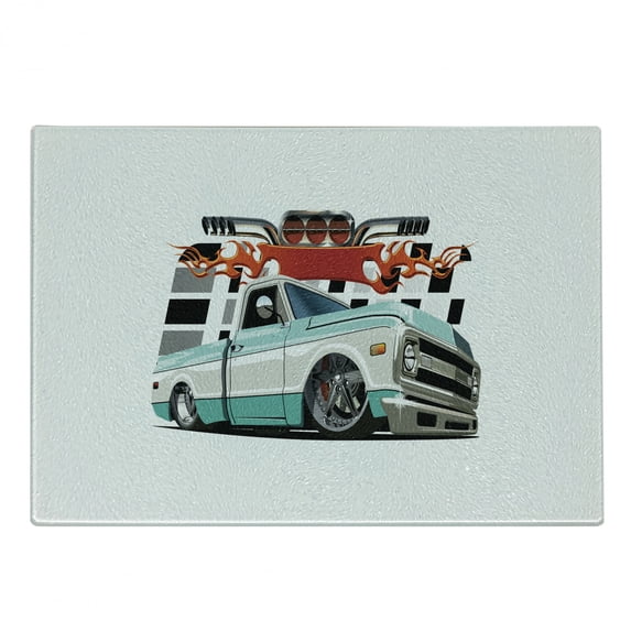 Truck Cutting Board, Lowrider Pickup with Racing Flag Pattern Background Speeding on the Streets Modified, Decorative Tempered Glass Cutting and Serving Board, Small Size, Multicolor, by Ambesonne