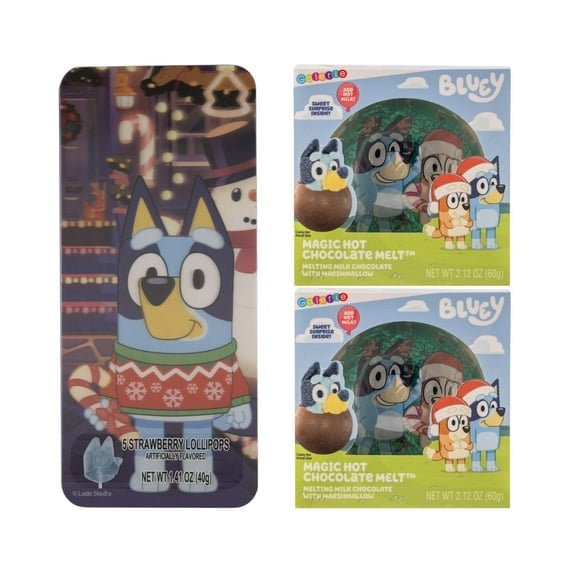 Bluey Hot Chocolate Melt and Strawberry Lollipop Lenticular Tin Bundle