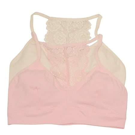 Sophia Cami - Girls Pink Ivory Lace Panel Back Spaghetti Strap 2 Pc Cami Bra Pack 7-8