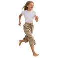 thumbnail image 6 of Girls' Solid Color Cotton Linen Casual Pants,Elastic Drawstring Waist 3/4 Length Capri with Pockets,Loose Fit for Daily Wear, School, Summer Activities,Breathable and Comfortable - Khaki, 6 of 9