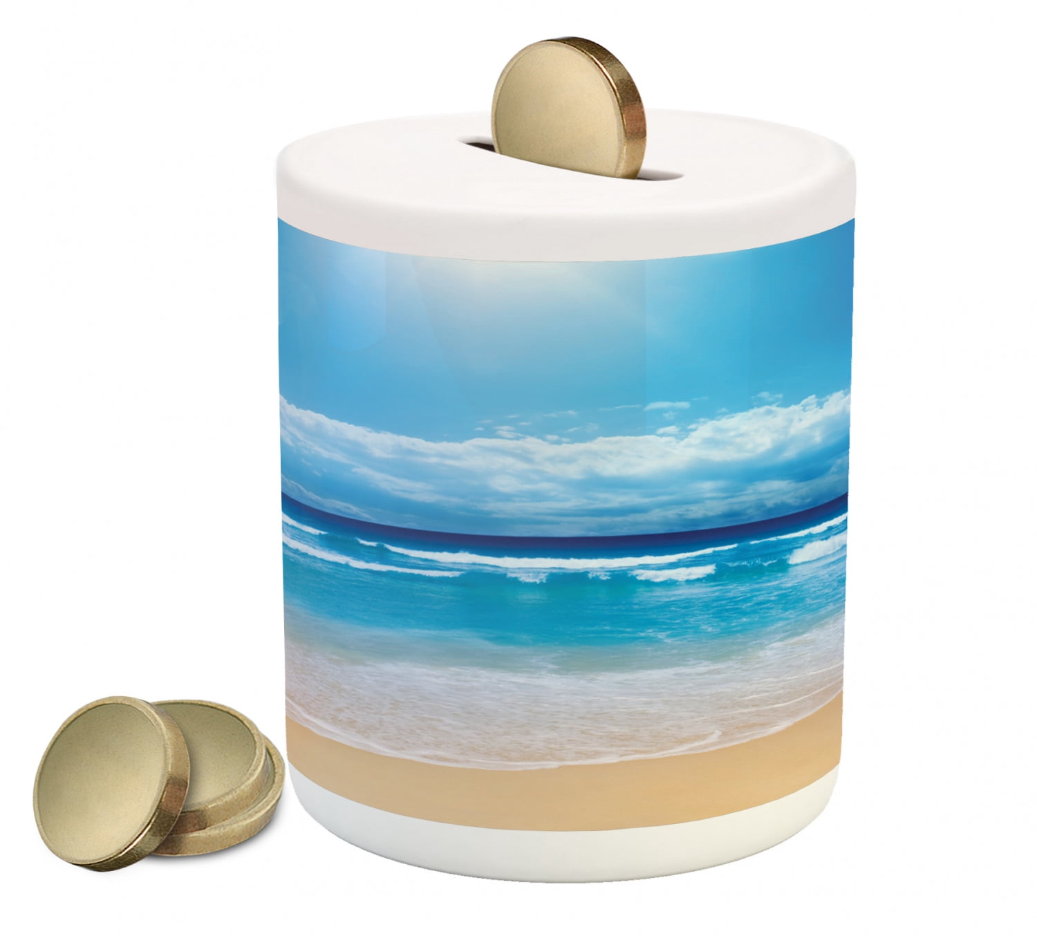 Beach Piggy Bank, Seascape Theme Landscape of the Beach and the Cloudy ...
