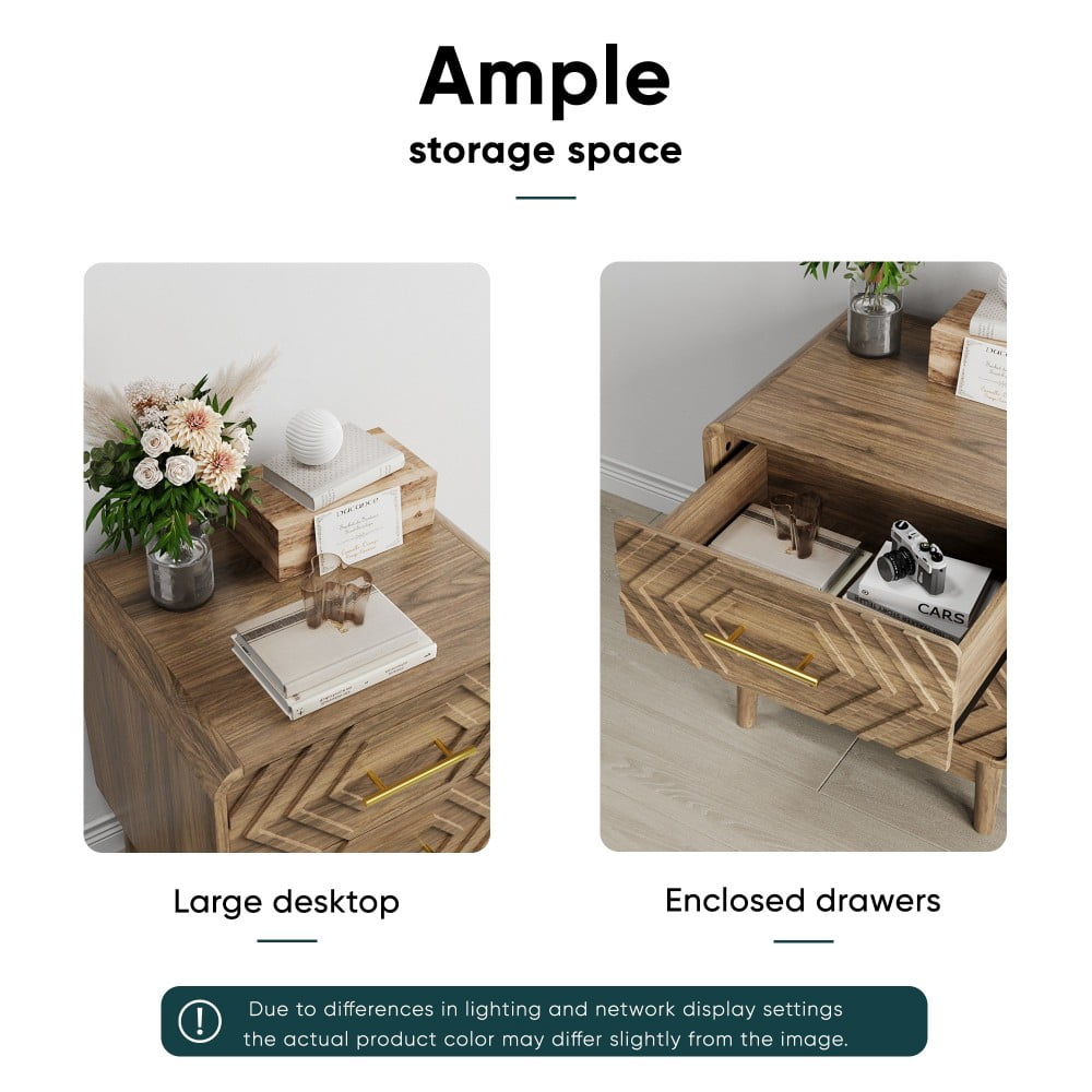 Walnut Nightstand with 2 Drawers, Wood Grain Bedside Table with Solid Wood Legs & Gold Metal Handles, Rounded Corner End Table for Bedroom