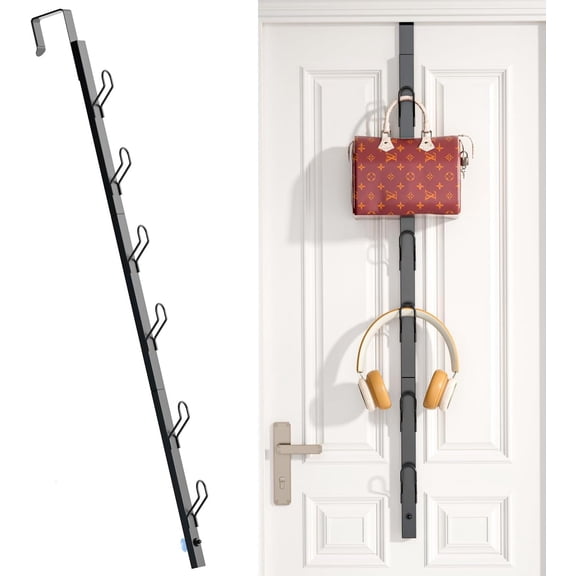 Over the Door Hooks Long with 6 Hooks, Behind the Door Towel Racks for Bathroom, Door Purse Bag Coat Robe Hanger, Hat Clothes Organizer with Non-Slip Pads & Suction Cups, 28.3 Inches, Black