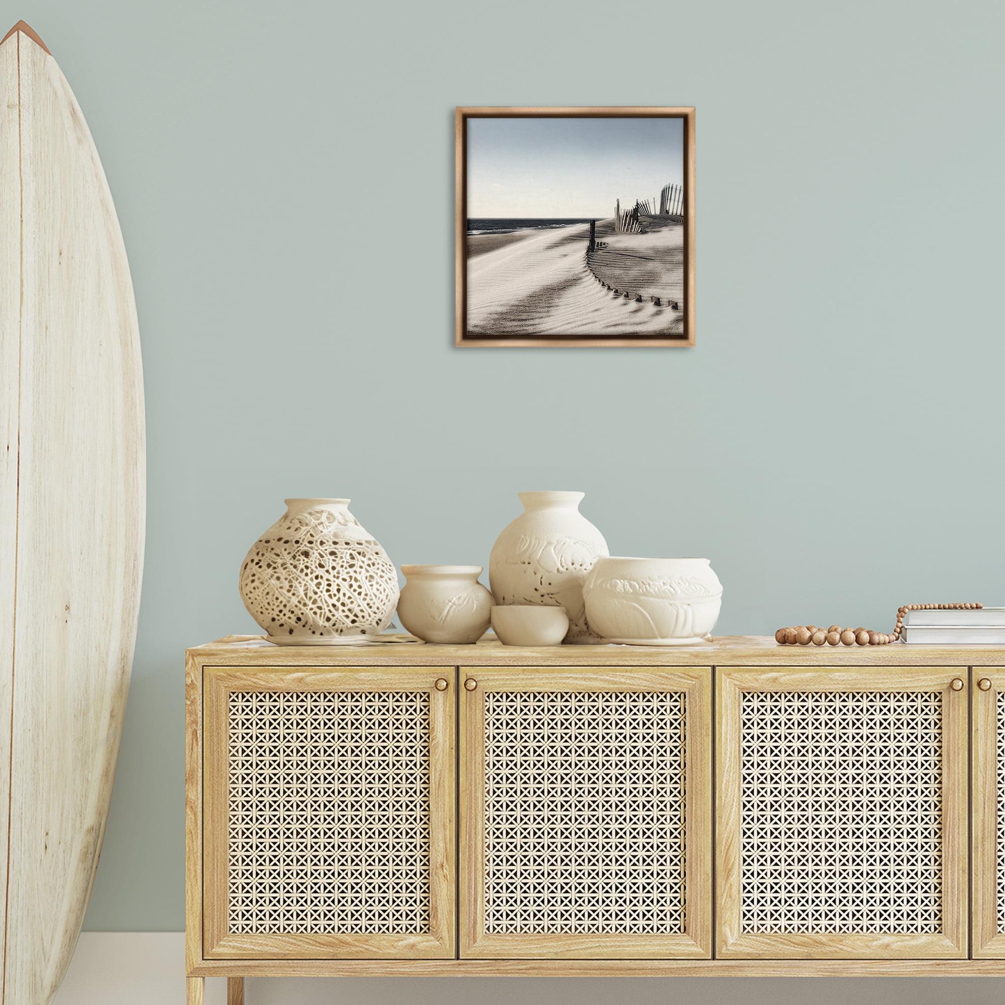 Stupell Industries Rippled Beach Fence Landscape Painting Brown Floater Framed Canvas Art Print Wall Art, 18 x 18