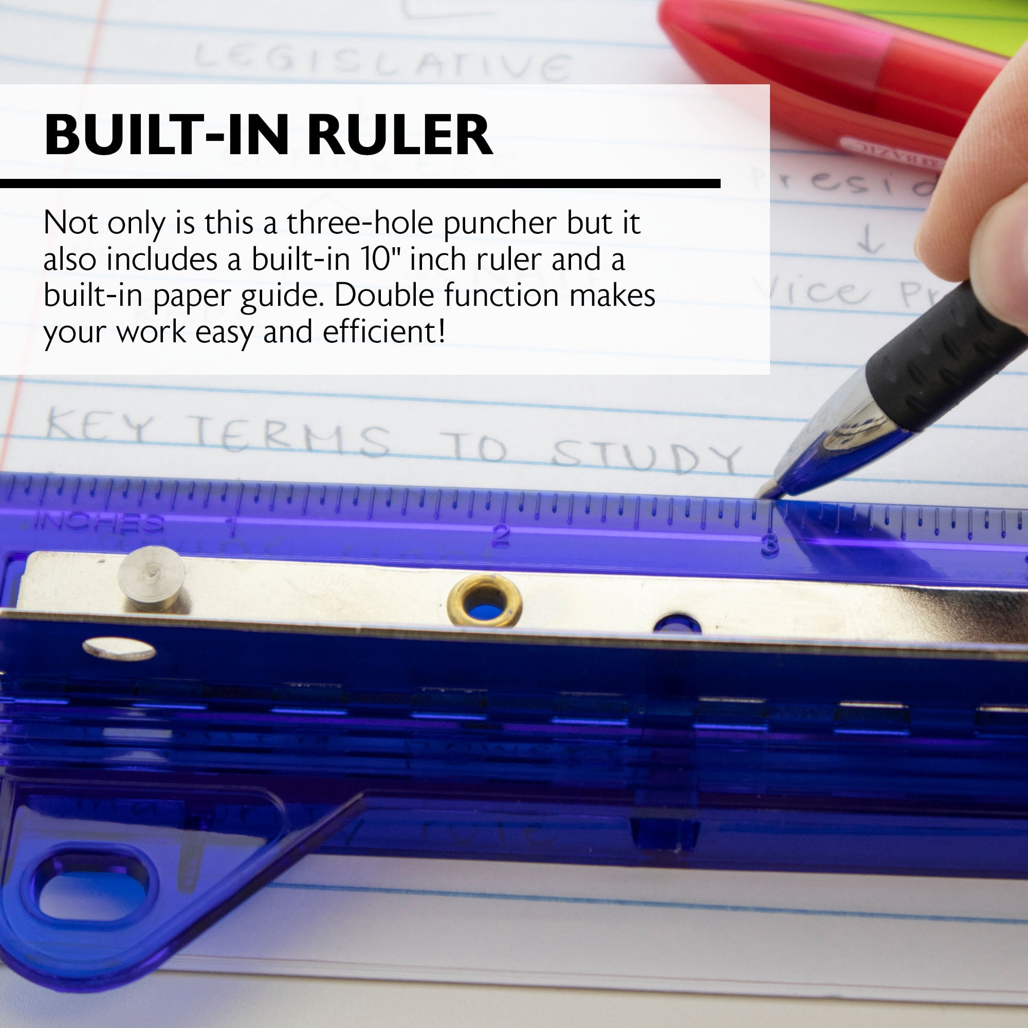 Desktop Portable Paper Punch 3 Hole 1/4" w/ 10" Ruler Guide, Red, Grey, Blue - 3-Pack - Enday