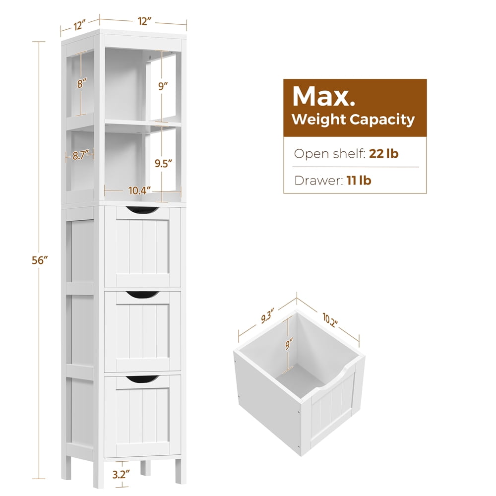 Renwick Modern Bathroom Storage Cabinet, 12" L x 12" W x 56" H, White