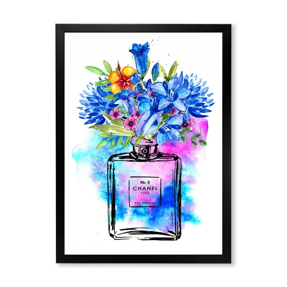 Designart 'Perfume Chanel Five With Blue Flowers' French Country Framed Art Print