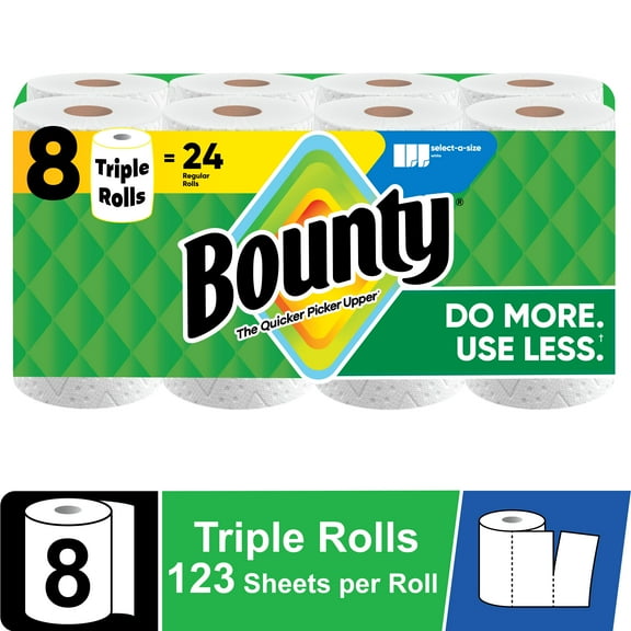 Bounty Paper Towels Select-A-Size White, 8 Triple Rolls, 123 Sheets Per Roll