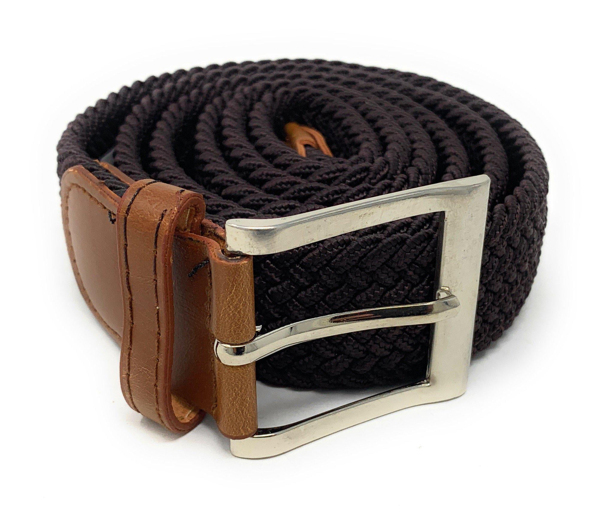 Men's Leather Covered Buckle Woven Canvas Elastic Stretch Belt Waistband new