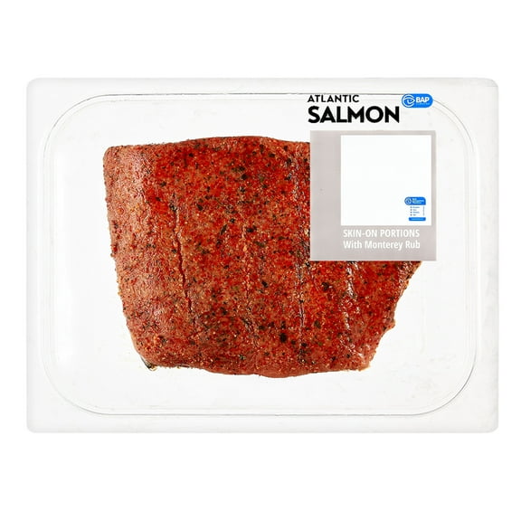 Fresh Atlantic Salmon Portion with Monterrey Rub, 0.95 - 1.25 lb. Whole Salmon Portion. Certifications - BAP Certified.