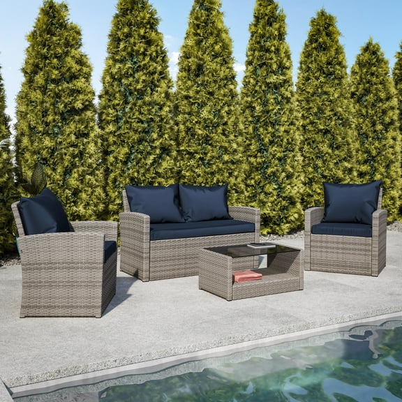BizChair Series 4 Piece Light Gray Patio Set with Navy Back Pillows and Seat Cushions