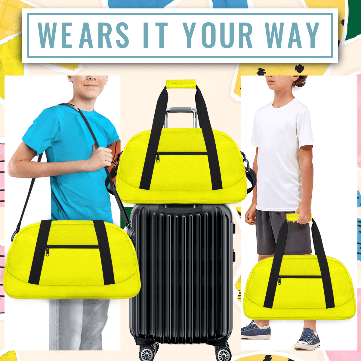 Herdesigns Light Yellow Sports Duffle Bag for Women & Men, Gym Bag Dance Bag Overnight Bag Carry On Weekender Travel Bag