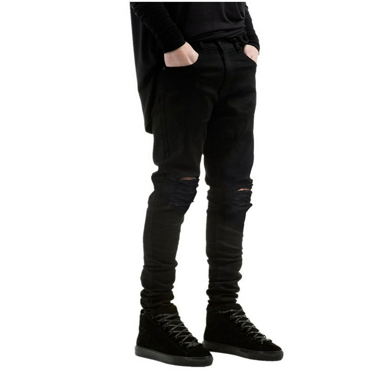 Designer Brand Men Black Jeans Skinny Ripped Stretch Slim