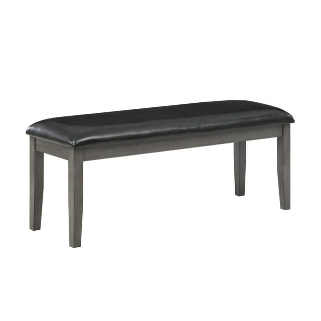 Topline Home Furnishings grey wooden dining bench with cushioned black leather seat designed for versatile seating.
