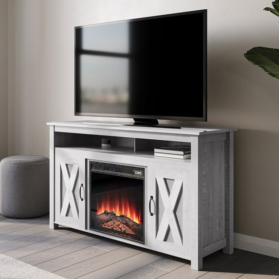 BELLEZE Barn Door Wood Electric Fireplace TV Stand for TVs up to 55 Inches & Media Entertainment Center Console Table with Two Open Shelves and Cabinets - Corin (Stone Grey)