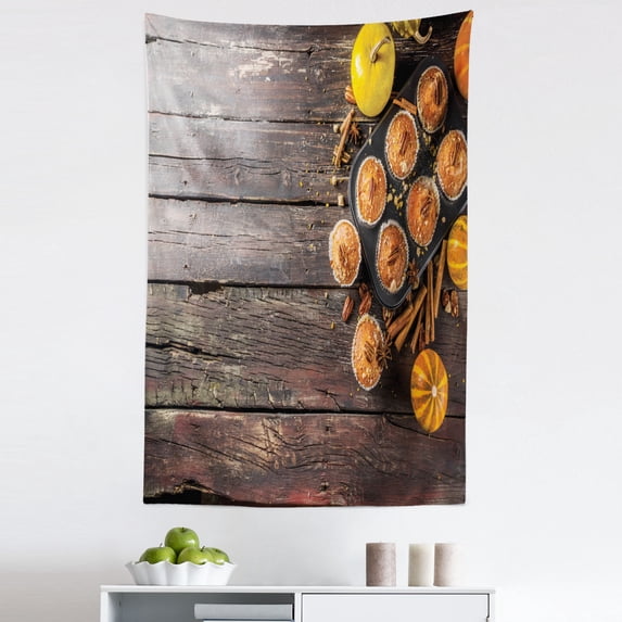 Rustic Orange Tapestry, Autumn Pumpkin Muffins Pastry with Pecan Nuts Delicious Dessert Illustration, Fabric Wall Hanging Decor for Bedroom Living Room Dorm, 5 Sizes, Multicolor, by Ambesonne