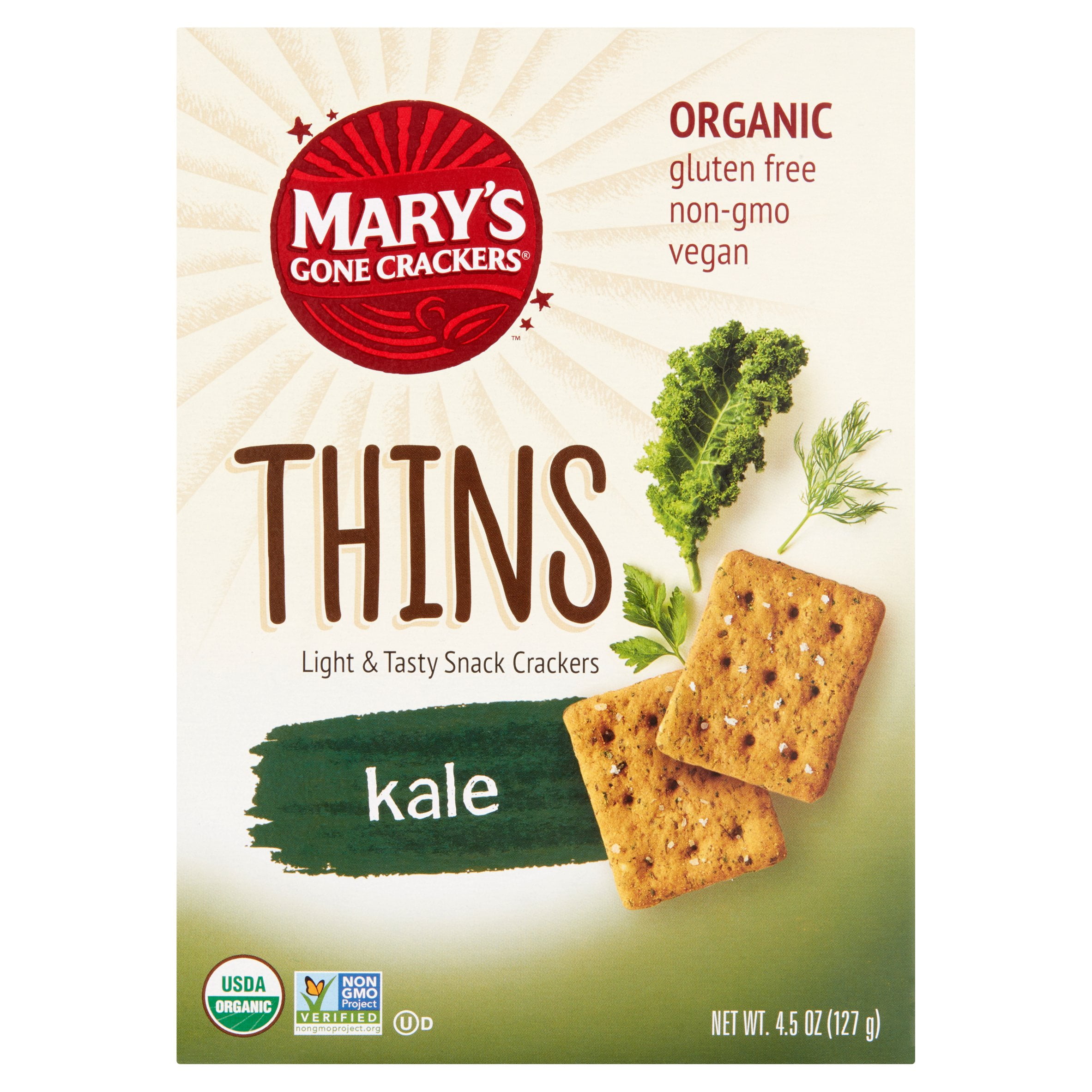 Mary's Gone Crackers Organic Thins Kale Light & Tasty Snack Crackers, 4