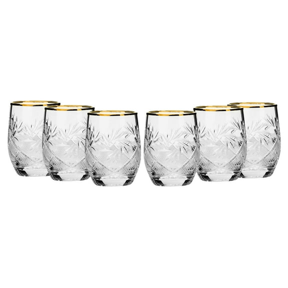 Set of 6 Cut Crystal Shot Glasses 24K Gold Rimmed 1.7 Oz Vodka Shooters - Old-Fashioned Hand Made Glassware