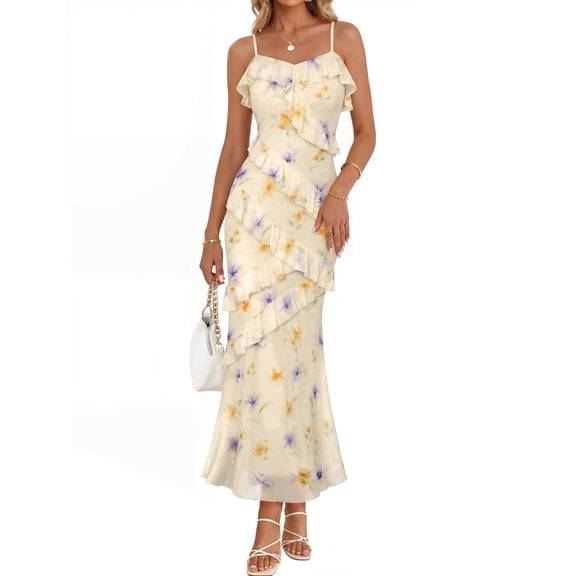 Merokeety Womens Summer Dresses Floral Spaghetti Deep V Neck Backless Asymmetric Maxi Dress Beige m