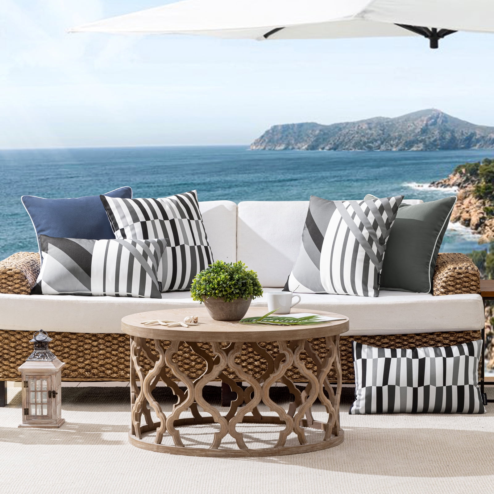 Phantoscope 2 Pack Waterproof Outdoor Decorative Throw Pillow 18x18, Geometric Color Block Patio Cushion Cases for Couch & Tent, Black & Gray