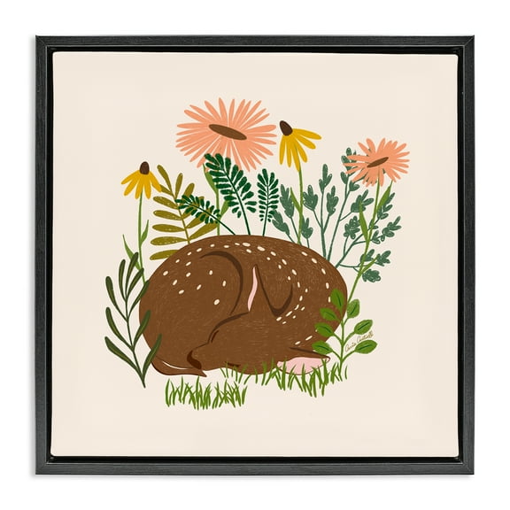Stupell Industries Sleeping Deer Among Daisies Animals Painting Black Floater Framed Canvas Art Print Wall Art, 18 x 18